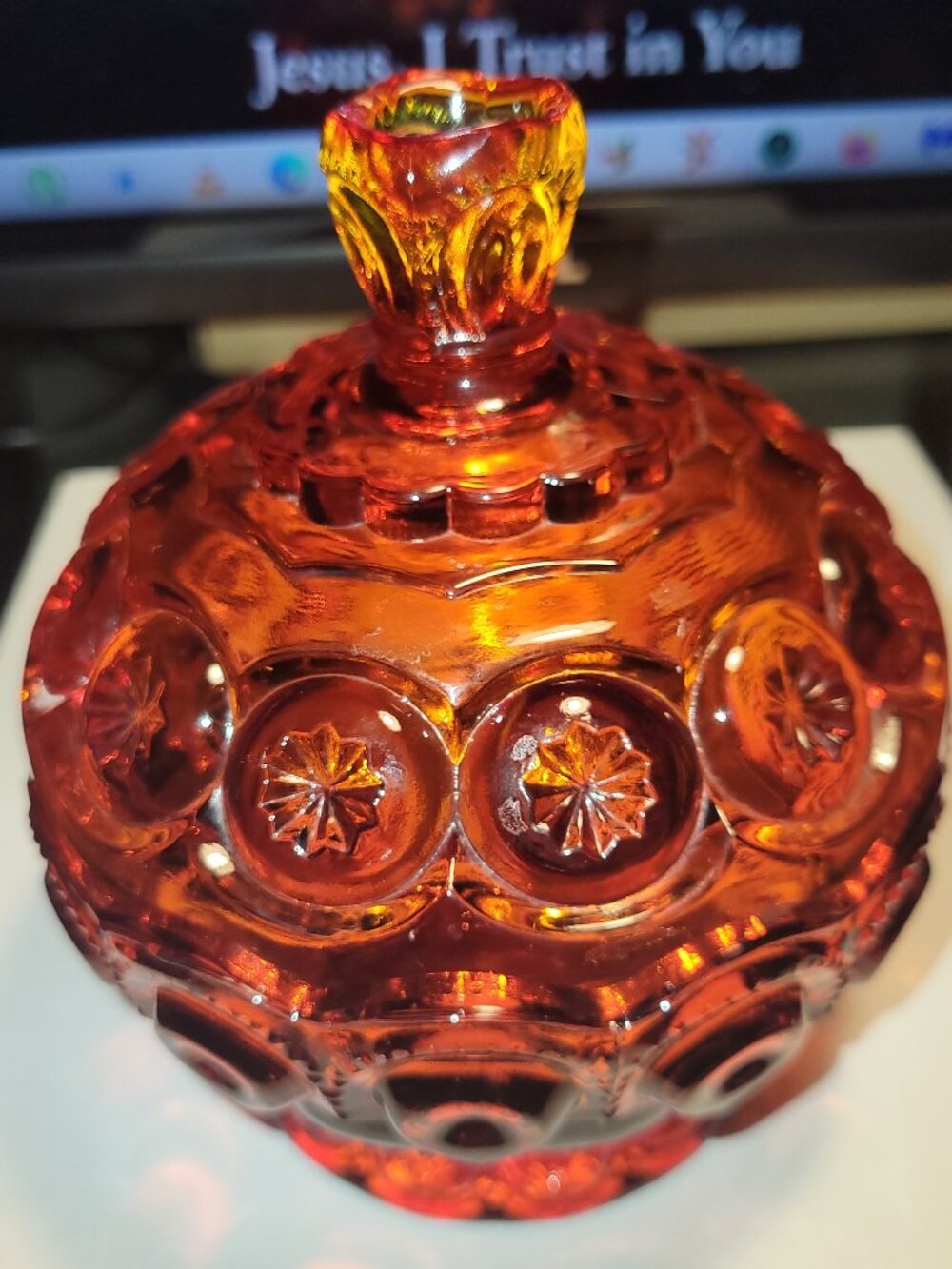 Vintage LE Smith Amberina Moon and Stars Lidded Candy Dish MCM Glows Cadmium